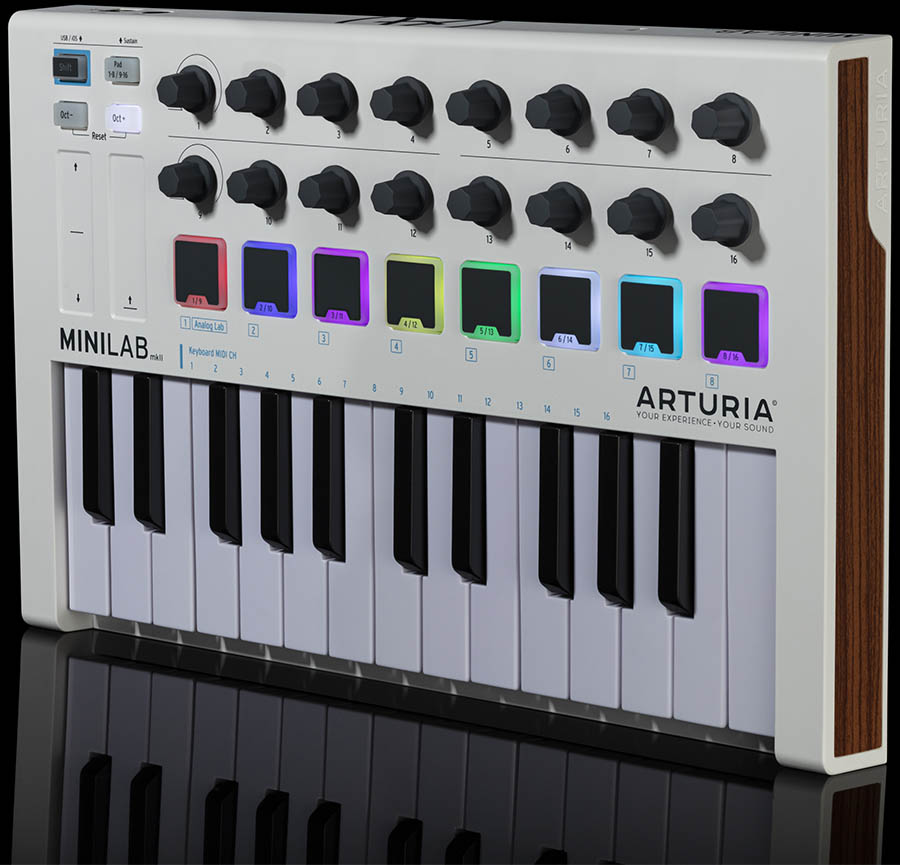 ARTURIA MINILAB MKII ARTURIA MINILAB MK2 CLAVIER MAITRE USB MIDI 25 NOTES. 8 PADS 16 POTENTIOMETRES & FADER ASSIGNABLES. PITCH & MODULATION. ENTREE PEDALE SUSTAIN. logiciel Uvi Grand D, Ableton Live Lite, Analog Lab Intro. 1,5 kg, 355 x 220 x 50 mm