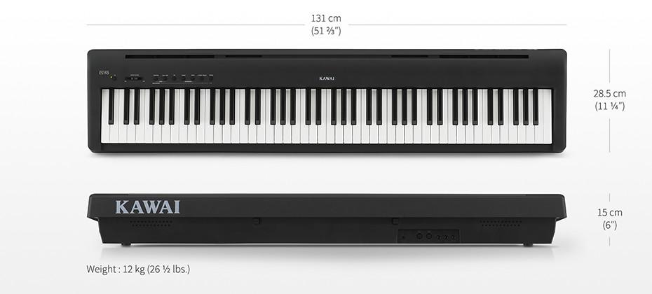 KAWAI ES-110 KAWAI ES-110 PIANO PORTABLE DE SCENE 88 NOTES N° x033240 19 SONS. 192 POLY. Mode Dual Split Réverb. Room, Small Hall, Concert Hall, Off Damper Resonance, voicing, Fall-back Noise, Damper Noise, Brilliance, Speaker EQ Enregistreur 3 moreceaux - mémoire 15.000 notes Registration 4 mémoires Métronome Volume/Tempo réglable 100 rythmes démo 12 morceaux Transpose, MIDI (IN/OUT),LINE OUT (L/MONO, R), 2 Prises Casque Bluetooth H.P. 2 H.P. 12 cm 2x7W Dim 1312 x 286 x 148 - 12 kg Pédale pupitre Alim